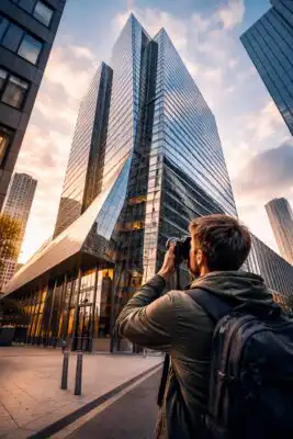 Fotograf stojí pred modernou budovou so širokouhlým objektívom, výrazné línie architektúry, čistá obloha a mestské prostredie