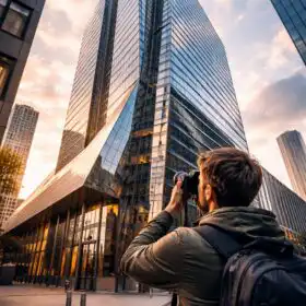 Fotograf stojí pred modernou budovou so širokouhlým objektívom, výrazné línie architektúry, čistá obloha a mestské prostredie