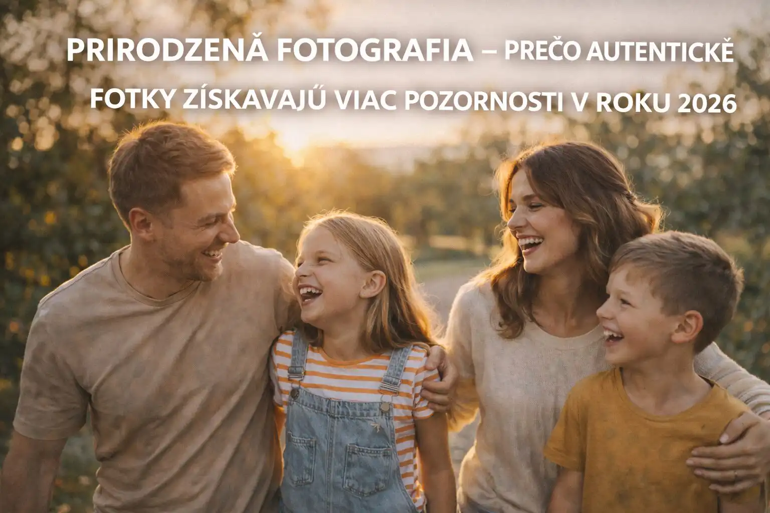 Rodina sa spontánne smeje počas prechádzky v prírode pri západe slnka, prirodzená fotografia zachytávajúca autentické emócie bez pózovania
