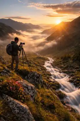 Krajinný fotograf stojaci na kopci pri východe slnka, fotoaparát na statíve, hory v pozadí a mäkké ranné svetlo
