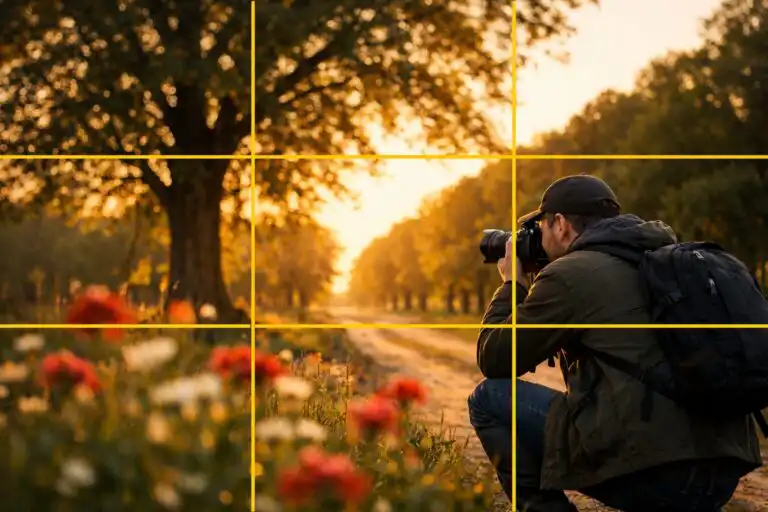Fotograf komponuje záber v prírode podľa pravidla tretín, v popredí sú kvety a v pozadí stromová alej pri zlatej hodine