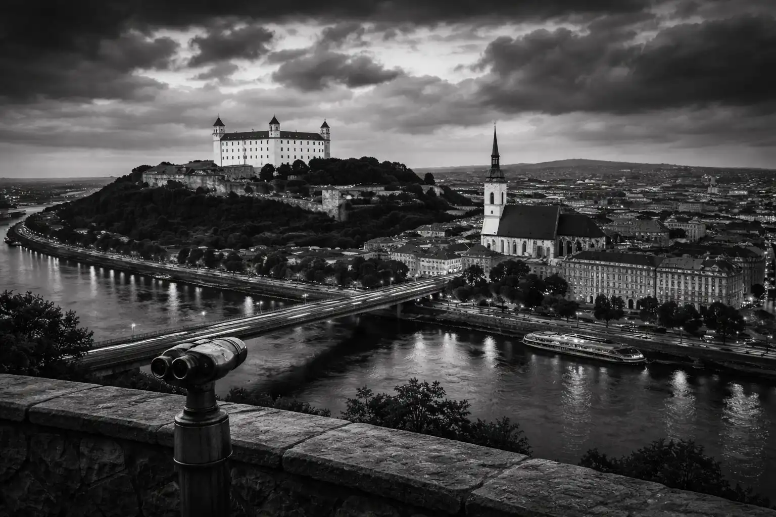 Panoramatický pohľad na Bratislavu z výšky s Dunajom, mostmi a historickým centrom počas zlatej hodinky – fotografovanie Bratislavy z výšky