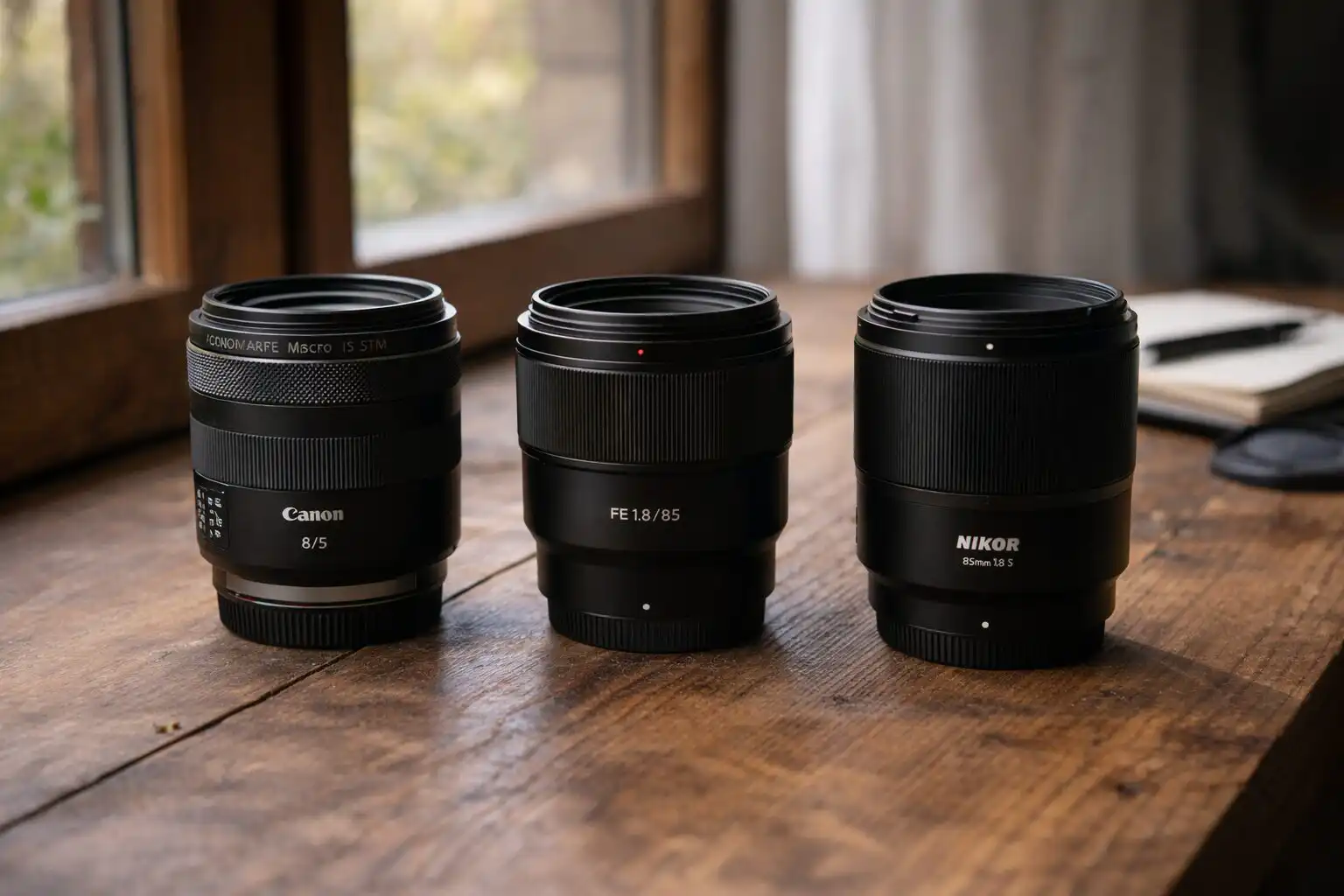 Tri portrétne objektívy Canon RF, Sony FE a Nikon Z položené na stole
