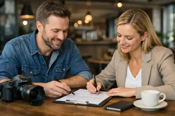 profesionálny fotograf a klientka podpisujú fotografickú licenčnú zmluvu v svetlom ateliéri s fotoaparátom na stole