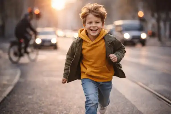 Chlapec beží v parku počas zlatej hodiny, fotograf zachytáva ostrý pohybový záber s rozmazaným pozadím a prirodzeným svetlom
