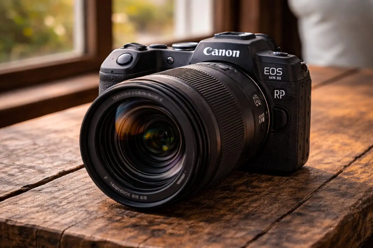 Canon EOS RP s nasadeným RF objektívom položený na stole pri okne, kompaktná full frame bezzrkadlovka pripravená na portrétne aj cestovateľské fotenie