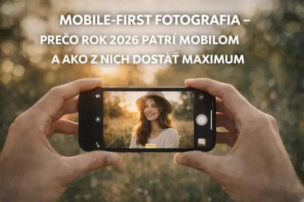 Mladý človek fotografuje portrét mobilným telefónom v mestskom prostredí počas zlatej hodiny, ukážka mobile-first fotografie s prirodzeným svetlom