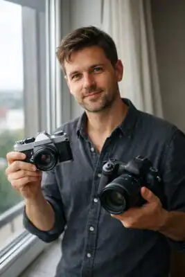 Fotograf drží v jednej ruke analógový fotoaparát a v druhej moderný digitálny fotoaparát, stojí pri okne s jemným denným svetlom, minimalistická realistická scéna bez textu