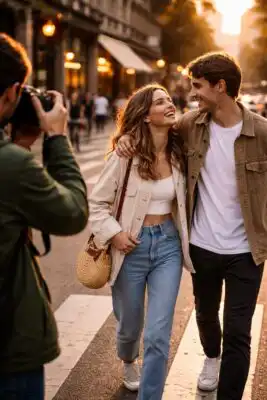 Pouličný fotograf zachytáva prirodzený moment dvoch ľudí na prechode pre chodcov, mäkké večerné svetlo, rozostrené pozadie mesta