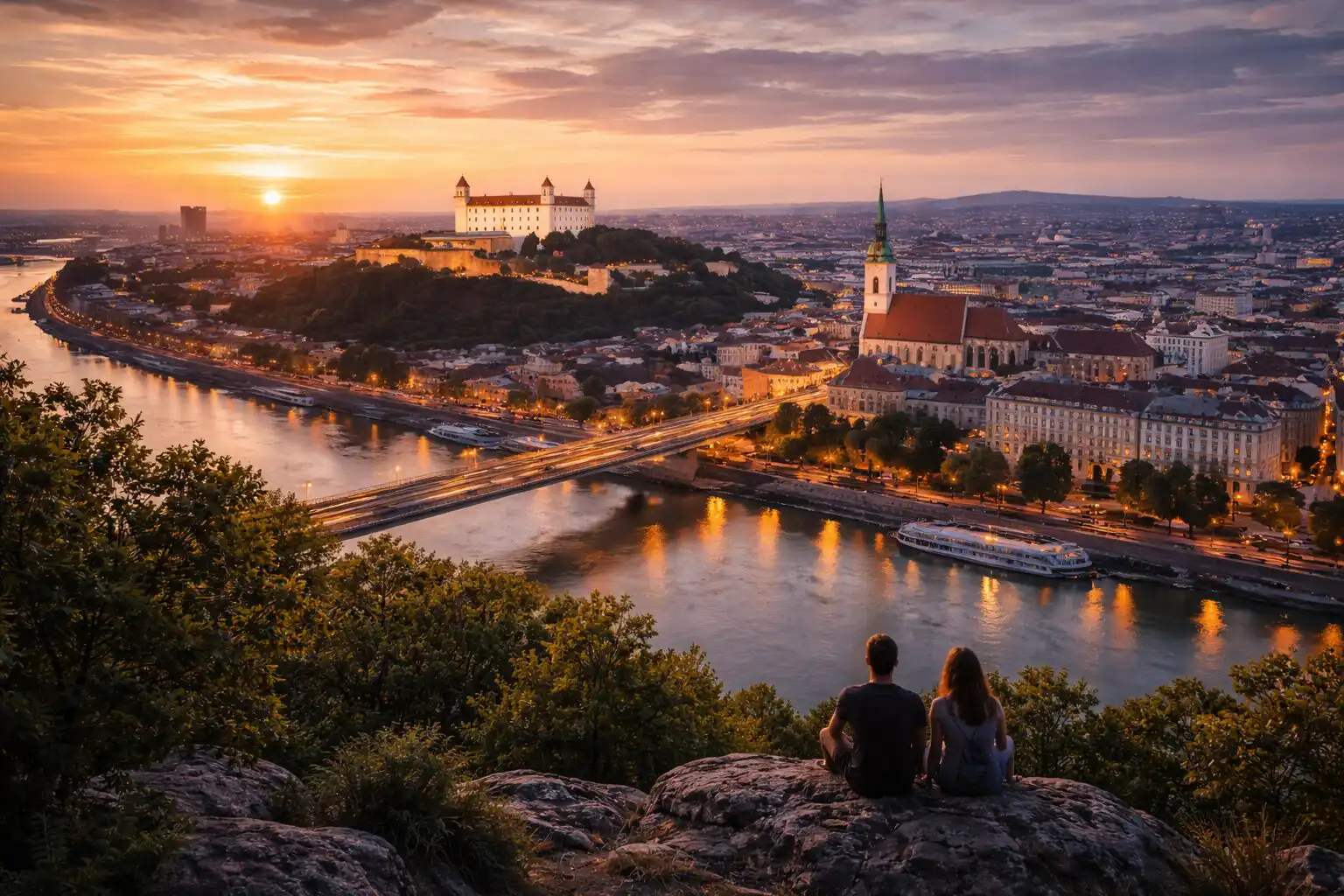 Minimalistický záber Bratislavského hradu s čistou oblohou a jedinou siluetou stromu – minimalistická fotografia Bratislavy