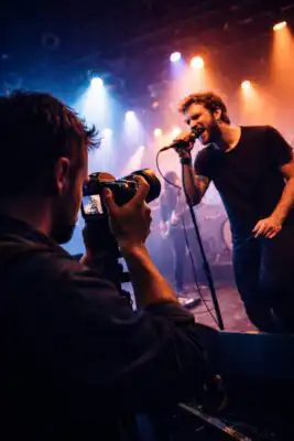 Koncertný fotograf stojí pri pódiu s fotoaparátom, spevák osvetlený farebnými svetlami, dynamická atmosféra klubu a rozostrené publikum v pozadí