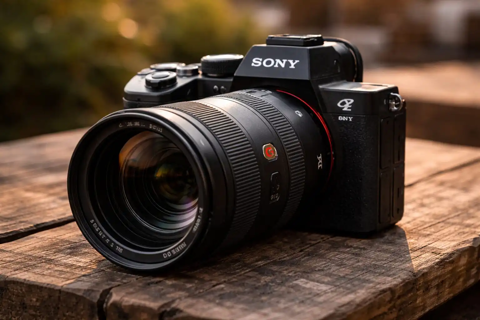 Sony Alpha A7 III položený na drevenom stole s nasadeným objektívom počas fotenia v exteriéri, univerzálna full frame bezzrkadlovka používaná na portréty aj krajinu