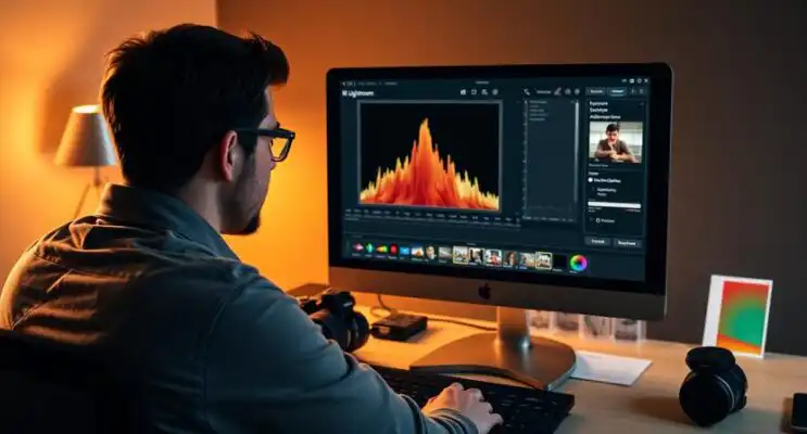 fotograf upravuje RAW fotografiu v lightroom na monitore pocitaca