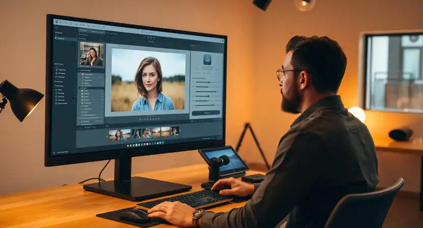 fotograf upravuje RAW fotografiu v programe na upravu fotografii na monitore