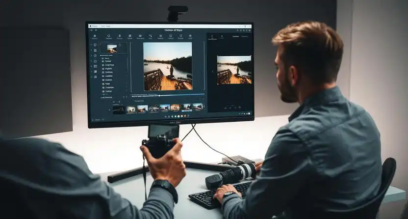 fotograf kontroluje postup upravy fotografie v editacnom programe na monitore