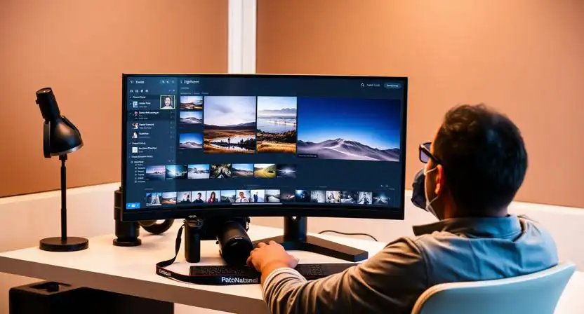 fotograf upravuje fotografie v programe lightroom na monitore