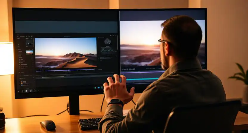 fotograf porovnava prehnanu a prirodzenu upravu fotografie na monitore