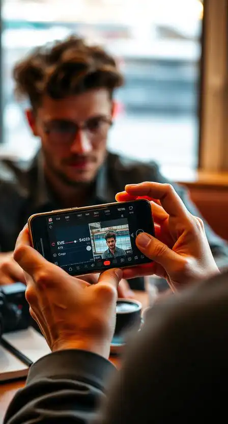 fotograf upravuje fotografiu pre instagram v mobilnej aplikacii na editovanie fotografii