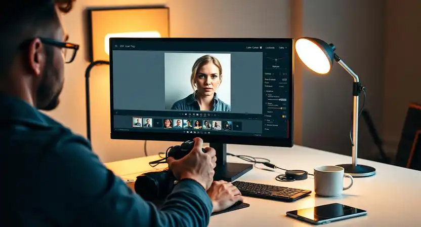 fotograf upravuje fotografiu na monitore v programe na editovanie fotografii