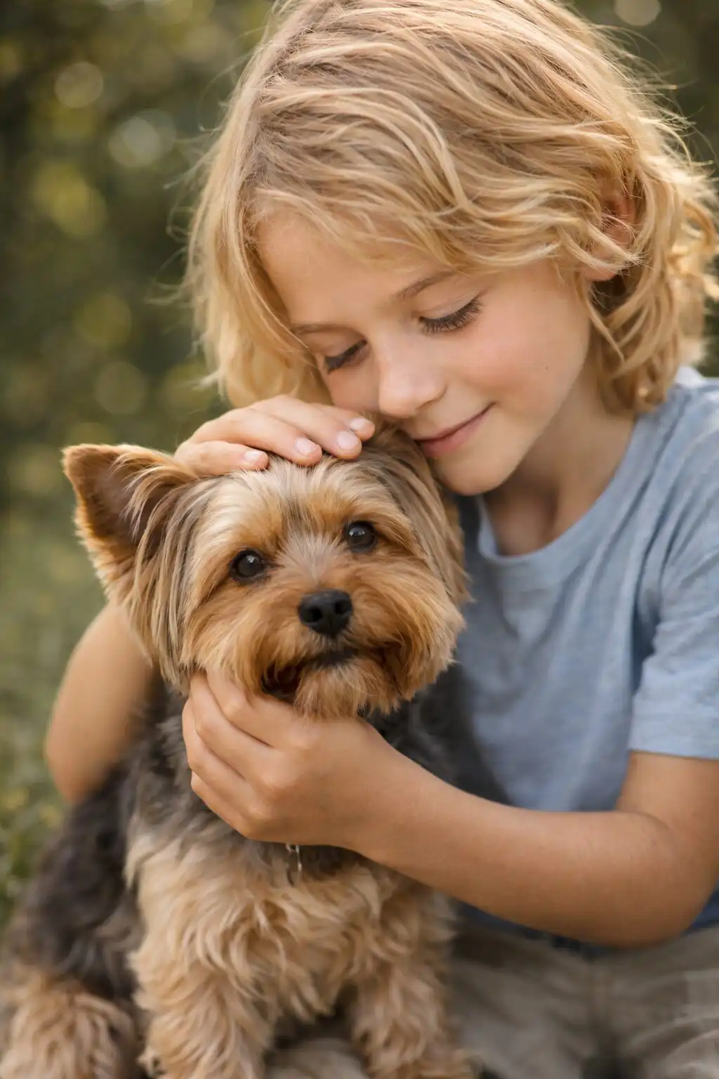 Chlapec s blond vlasmi a modrými očami jemne upokojuje malého yorkshire teriéra počas fotografovania v prirodzenom svetle vonku