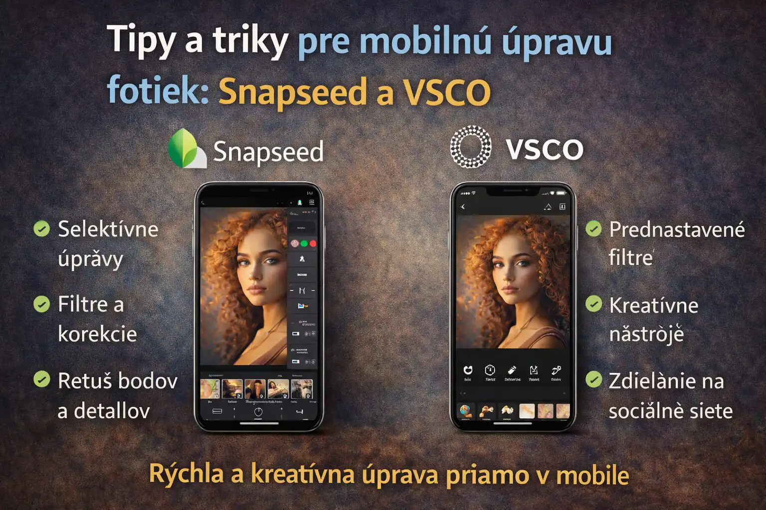 Ilustrácia mobilných aplikácií Snapseed a VSCO, zobrazujúca smartfóny s otvorenými editormi fotiek, ukážky filtrov, selektívnych úprav, retuše detailov a kreatívnych nástrojov, moderné a realistické UI.