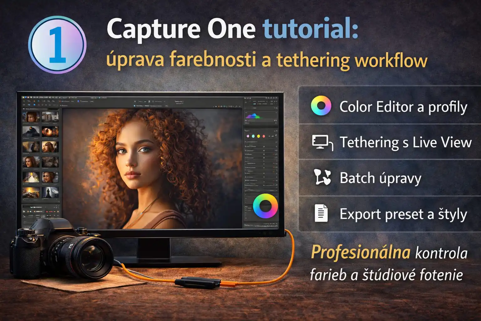 Promo ilustrácia softvéru Capture One zobrazujúca monitor s rozhraním, farebné úpravy, tethering s pripojeným DSLR fotoaparátom cez oranžový kábel, zoznam hlavných funkcií a profesionálne štúdiové prostredie.