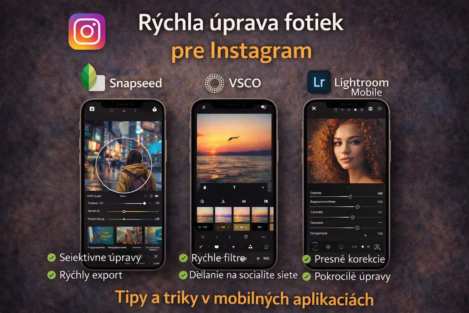 Promo ilustrácia mobilných aplikácií Snapseed, VSCO a Lightroom Mobile pre rýchlu úpravu fotiek na Instagram, zobrazujúca smartfóny s otvorenými editormi, filtre, farebné korekcie, selektívne úpravy a export pre sociálne siete.