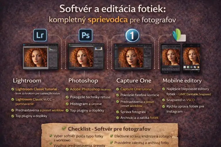 Pillar obrázok zobrazujúci Lightroom, Photoshop, Capture One a mobilné editory (Snapseed a VSCO), ukazujúci rozhrania, prednastavenia, vrstvy, masky, histogramy a cloudové ikony, s checklistom tipov pre efektívnu správu a úpravu fotiek.