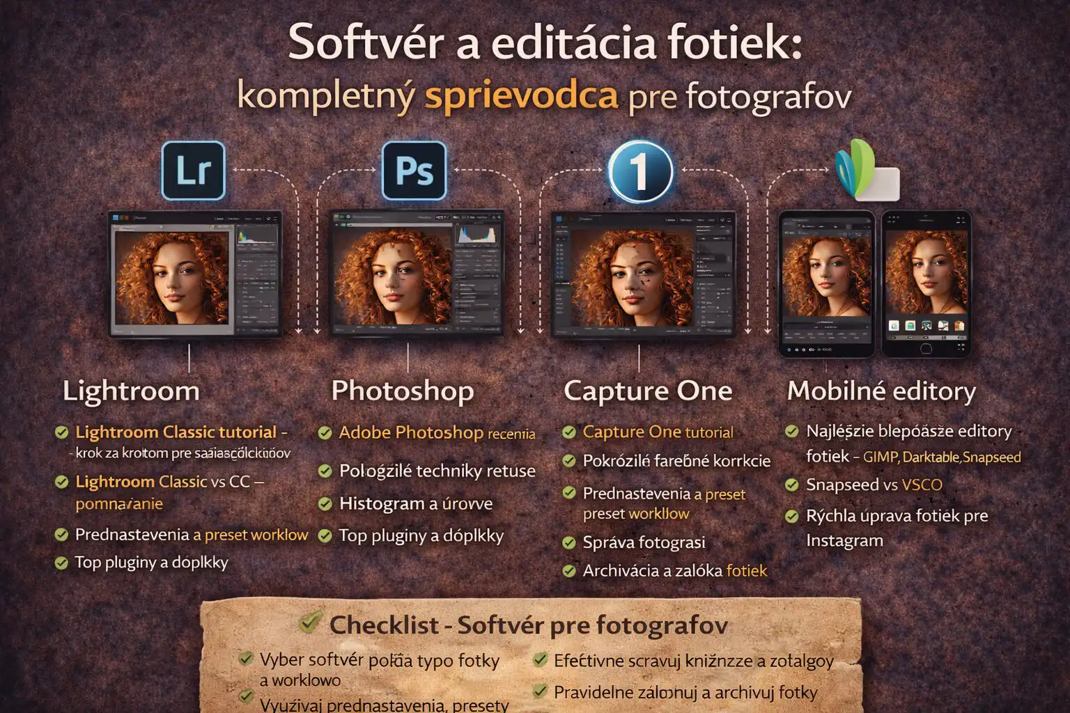 Pillar obrázok zobrazujúci Lightroom, Photoshop, Capture One a mobilné editory (Snapseed a VSCO), ukazujúci rozhrania, prednastavenia, vrstvy, masky, histogramy a cloudové ikony, s checklistom tipov pre efektívnu správu a úpravu fotiek.