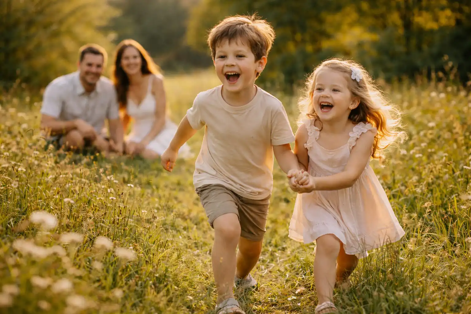 Dve deti sa hrajú na lúke, rodičia sledujú z diaľky, svetlo zvýrazňuje pohyb a emócie