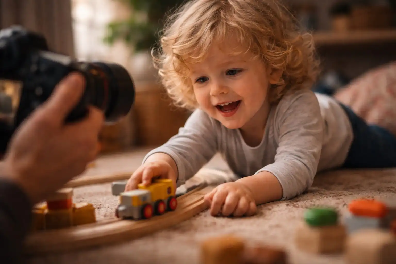 fotograf zachytava spontanny moment dieta pri hre v interieri