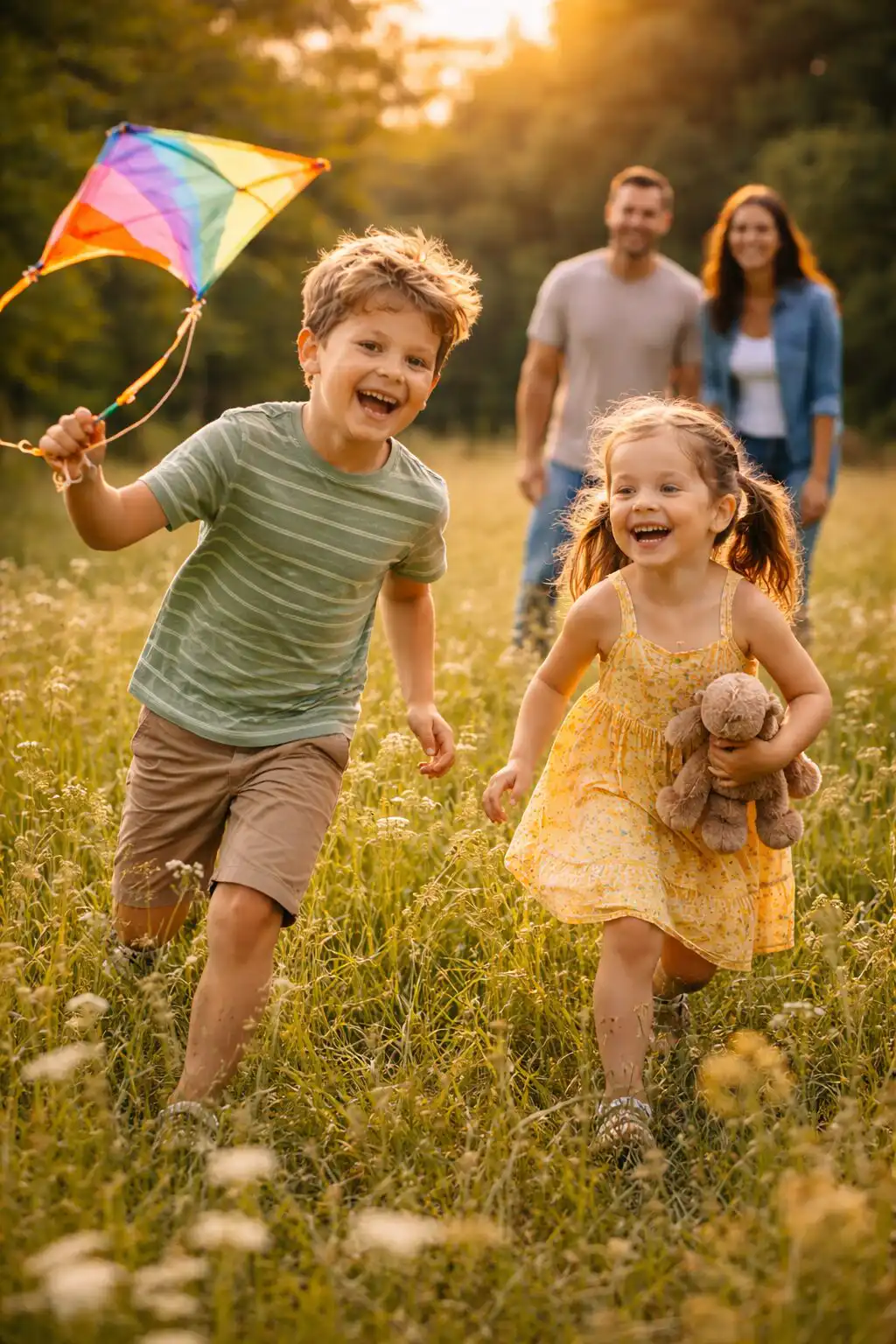 Detský fotograf zachytáva prirodzené portréty detí na lúke, rodičia sledujú z diaľky