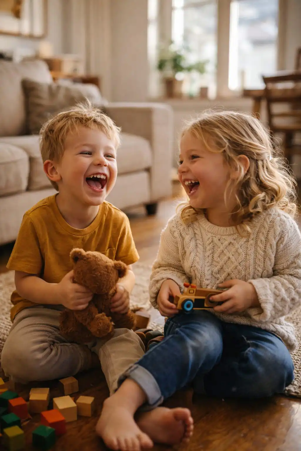 Rodina v obývačke, jemné denné svetlo