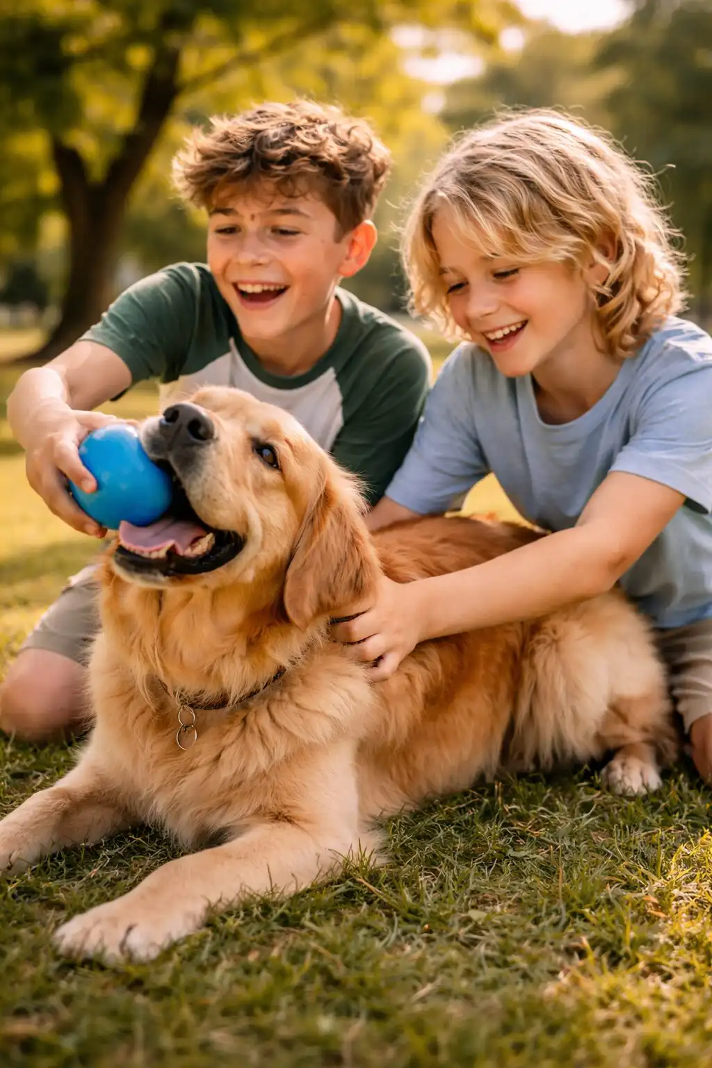 Dvaja chlapci vo veku približne 12 a 13 rokov sa hrajú so svojím psom v parku pri prirodzenom slnečnom svetle, pes drží modrú loptičku a deti sa smejú