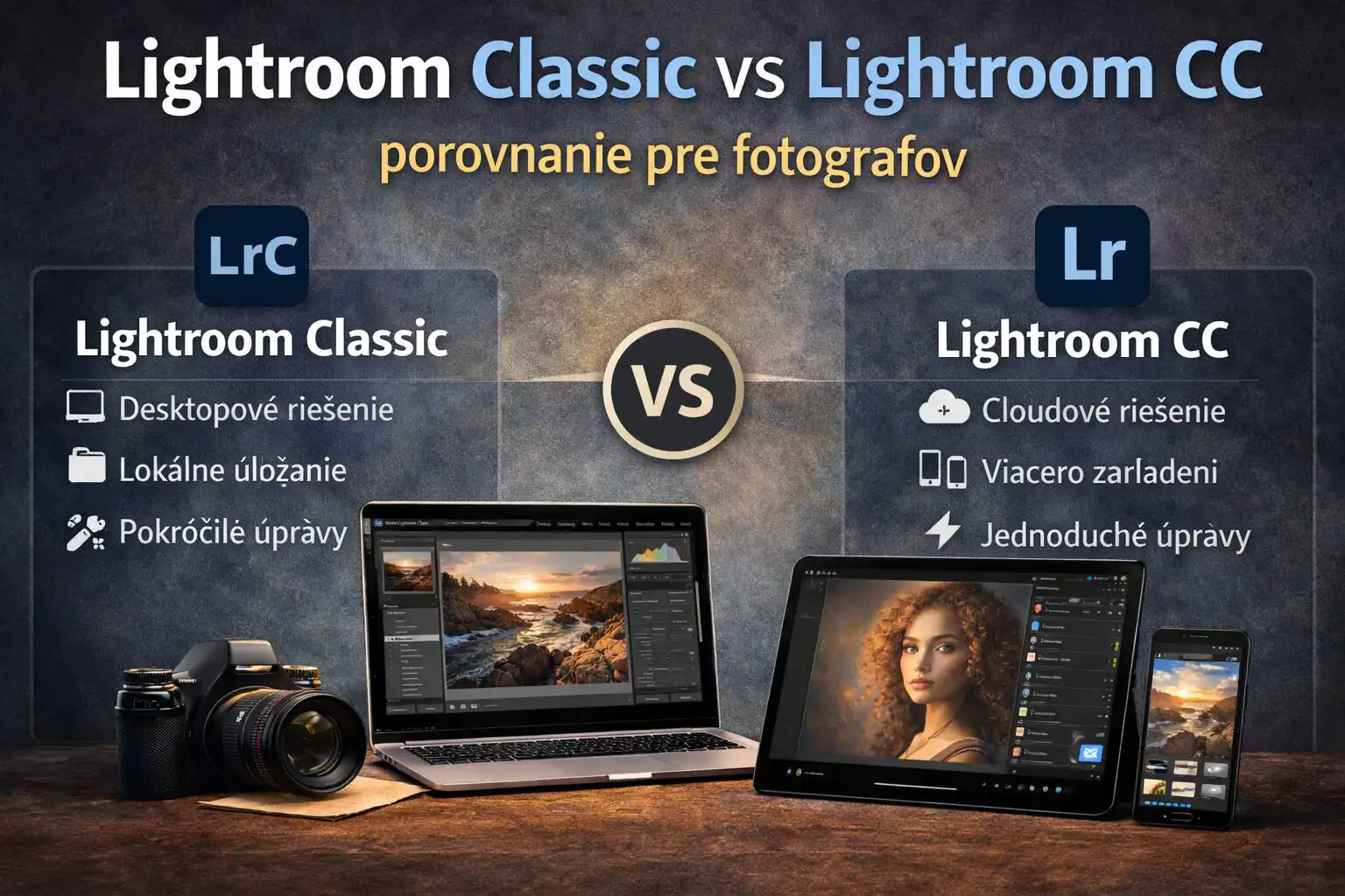 Porovnávacia ilustrácia Lightroom Classic vs Lightroom CC, zobrazujúca vedľa seba rozhrania, cloudové a desktopové funkcie, panely úprav a workflow vizualizáciu, moderný a prehľadný dizajn.