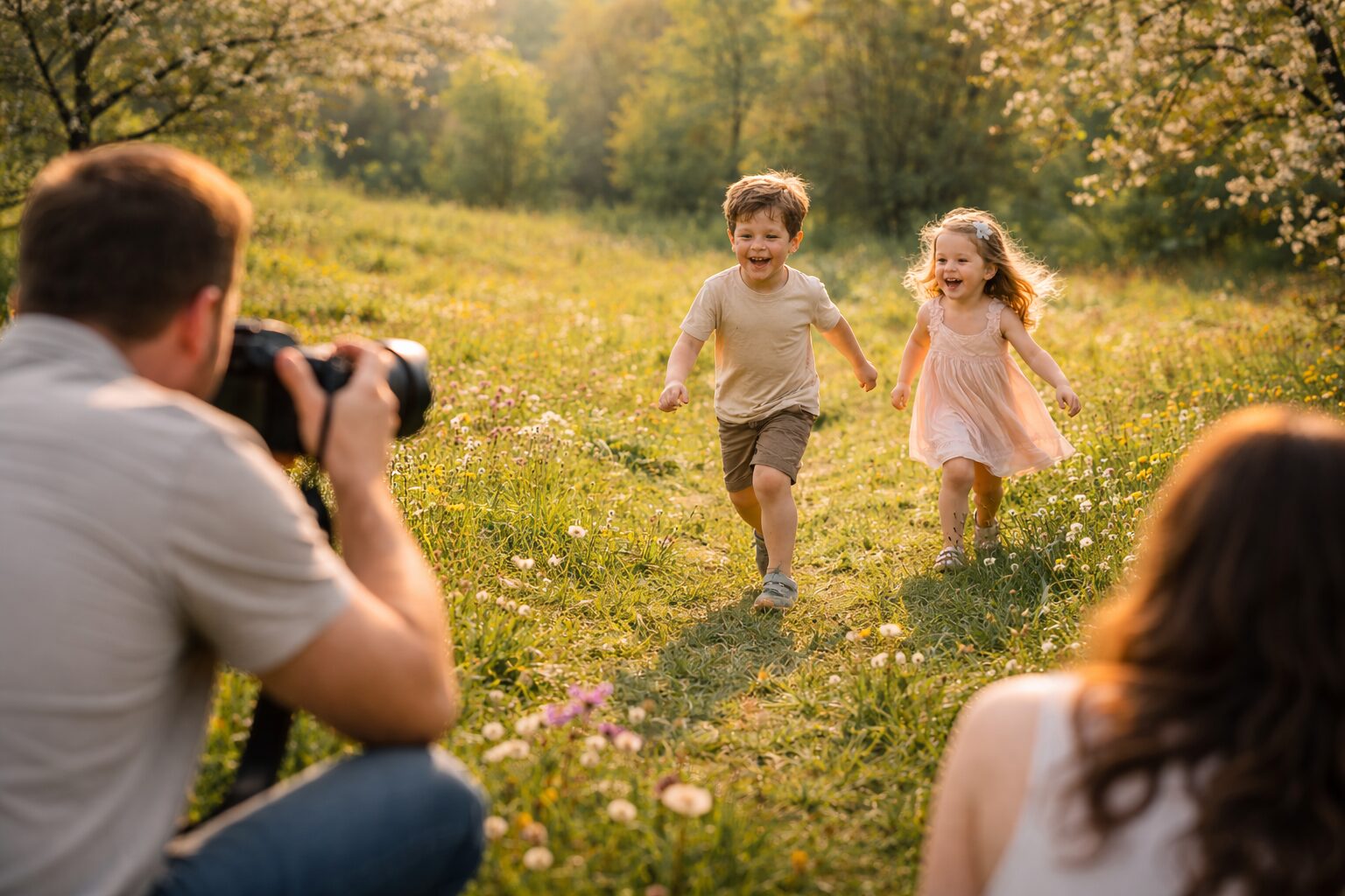 Dve deti sa hrajú na lúke počas zlatej hodiny, prirodzené svetlo zvýrazňuje pohyb a atmosféru