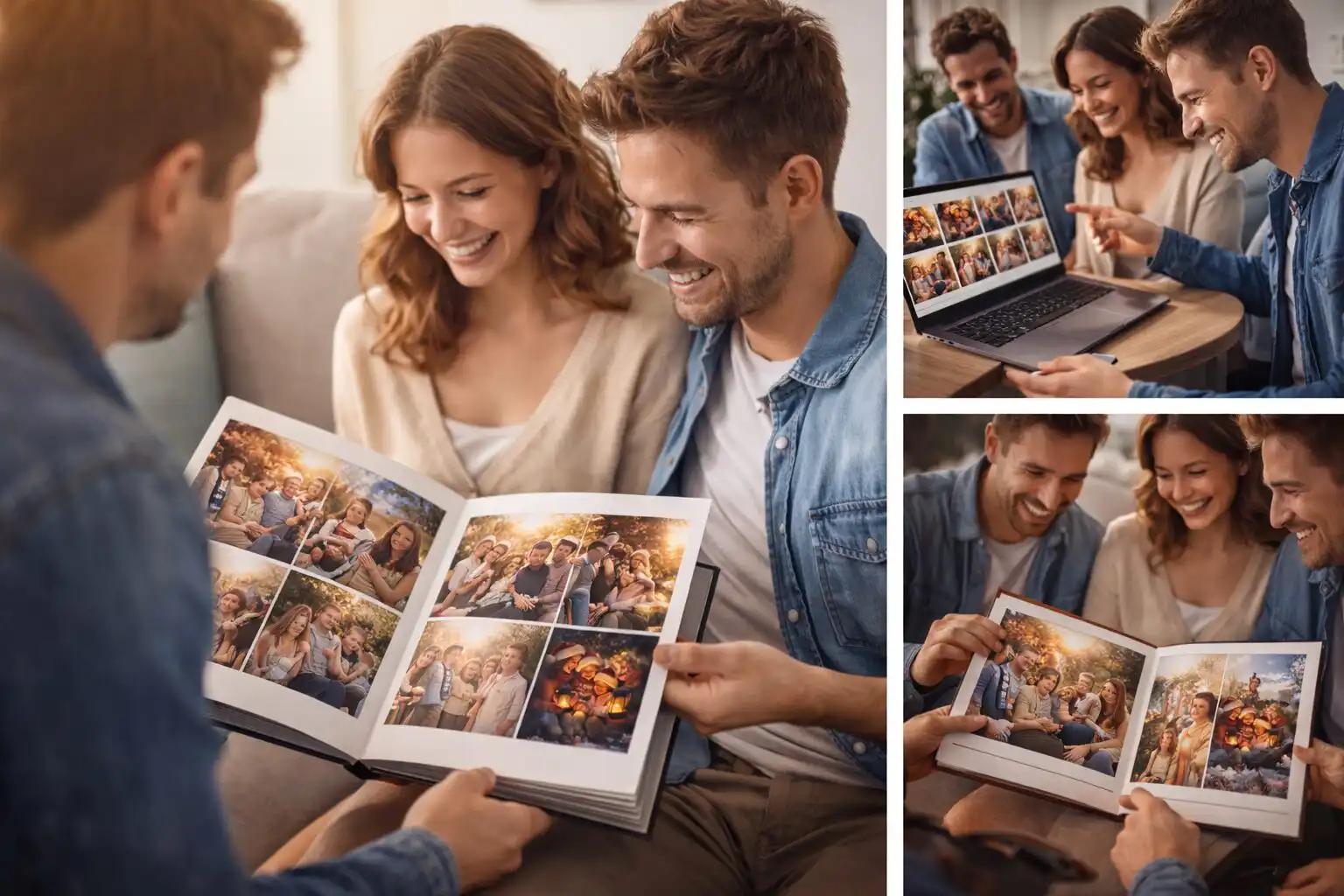 Rodinné fotenie – päťčlenná rodina prezera fotografie zo svojho vonkajšieho fotenia na tablete a v fotoalbume, deti ukazujú na snímky, rodičia sa usmievajú, teplé prirodzené svetlo, realistická a živá atmosféra.