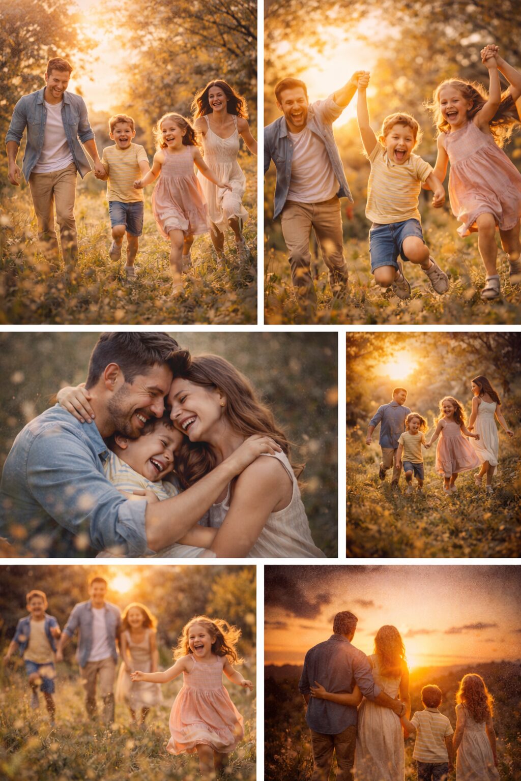 Rodinné fotenie vonku – šťastná päťčlenná rodina sa hrá a behá po slnečnej lúke, deti sa smejú, rodičia sledujú a interagujú prirodzene, teplé zlaté svetlo, realistická a živá atmosféra.