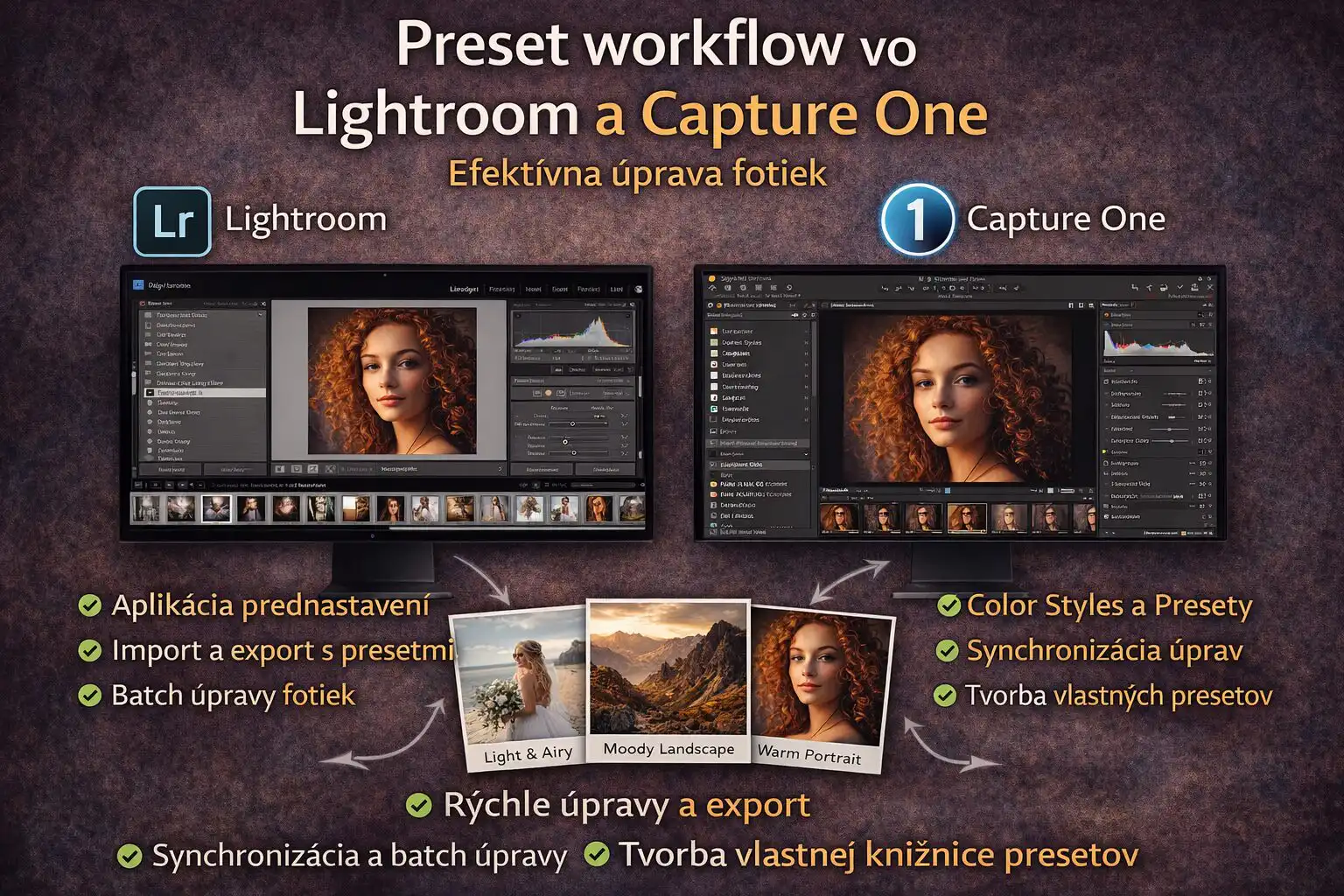 Ilustrácia rozhraní Lightroom a Capture One zobrazujúca panely presetov, batch aplikáciu prednastavení, úpravy farieb a expozície, viacero fotiek vedľa seba a realistický moderný UI dizajn.