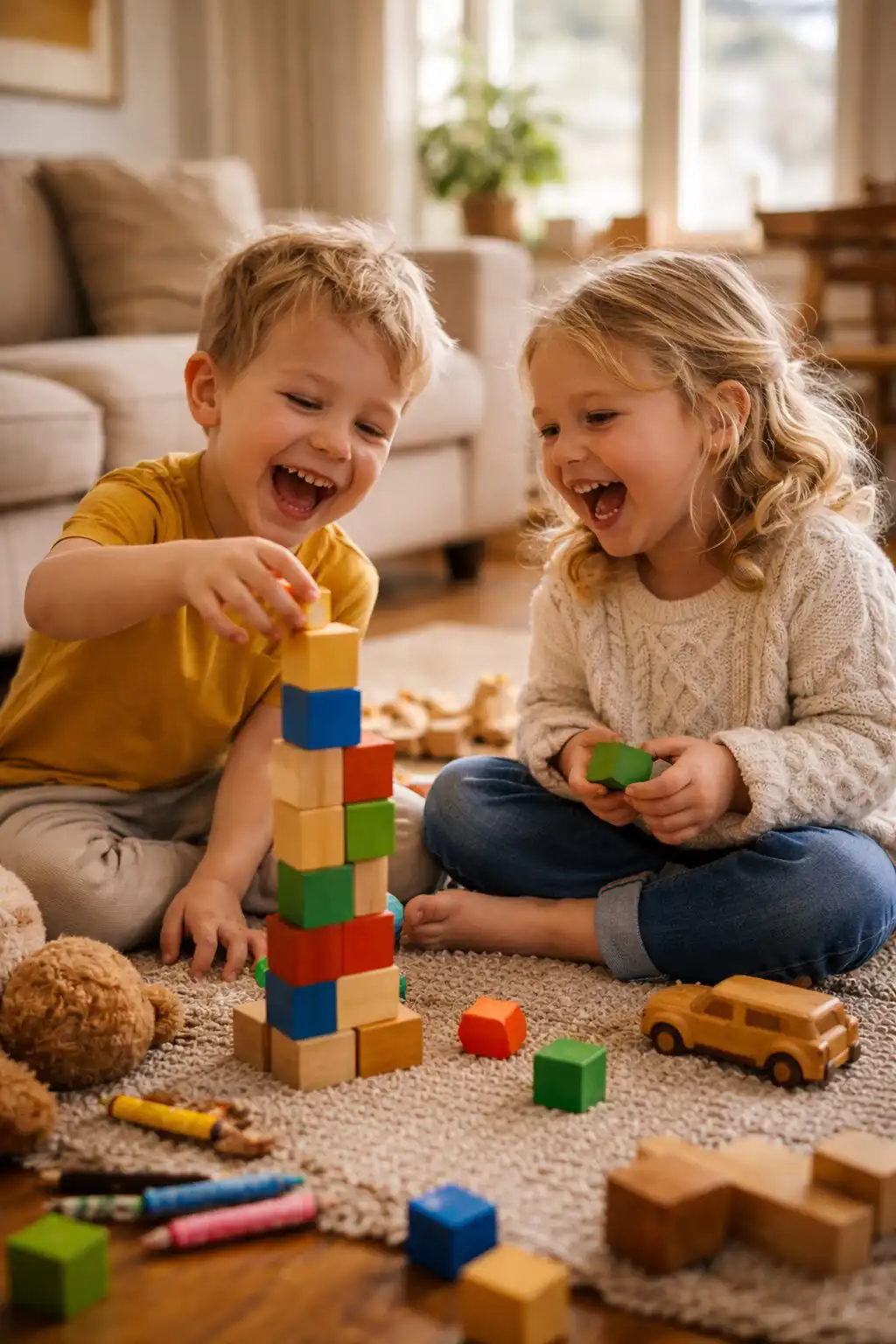 Dve malé deti hrajúce sa na koberci v obývačke, jeden chlapec s blond vlasmi a modrými očami sa smeje, okolo roztrúsené hračky, prirodzené denné svetlo z okna, autentické a spontánne momenty doma.
