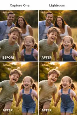 Porovnanie Capture One a Lightroom pri úprave rodinných portrétov, ukážky pred a po