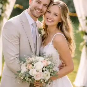 Mladý pár pózuje pred svadobným obradom, fotograf zachytáva prirodzené emócie a svetlo