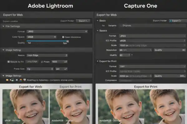 Porovnanie nastavení exportu pre web a tlač v Lightroom a Capture One, zachovanie farieb a detailov detských portrétov