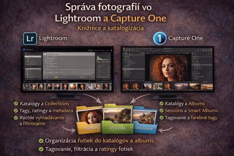 Ilustrácia rozhraní Lightroom a Capture One zobrazujúca knižnice a katalógy fotiek, albumy, tagy, hodnotenia hviezdičkami a funkcie vyhľadávania, realistické a moderné UI s viacerými usporiadanými fotkami.