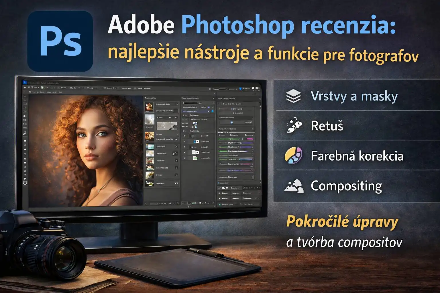 Promo ilustrácia rozhrania Adobe Photoshop pre recenziu, zobrazujúca panely úprav, vrstvy, maskovanie a upravovanú fotografiu, profesionálny a realistický UI štýl.