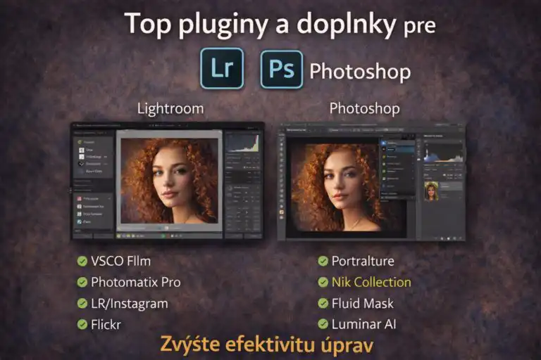 Grafika znázorňujúca najlepšie pluginy pre Lightroom a Photoshop, vrátane VSCO Film, Photomatix Pro, LR/Instagram, Flickru, Portraiture, Nik Collection, Fluid Mask a Luminar AI, so screenshotmi rozhraní a ukážkou úprav fotografií.