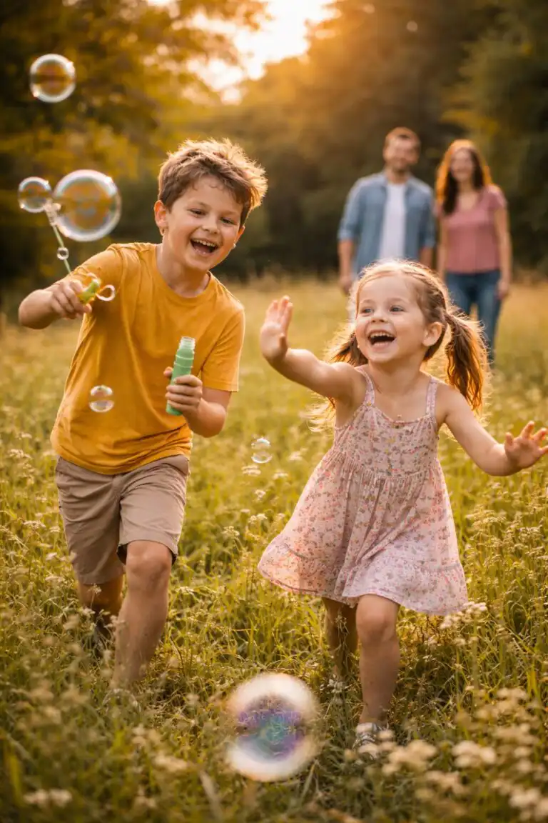Dve deti sa hrajú na lúke, rodičia sledujú z diaľky, prirodzené svetlo zvýrazňuje smiech a pohyb