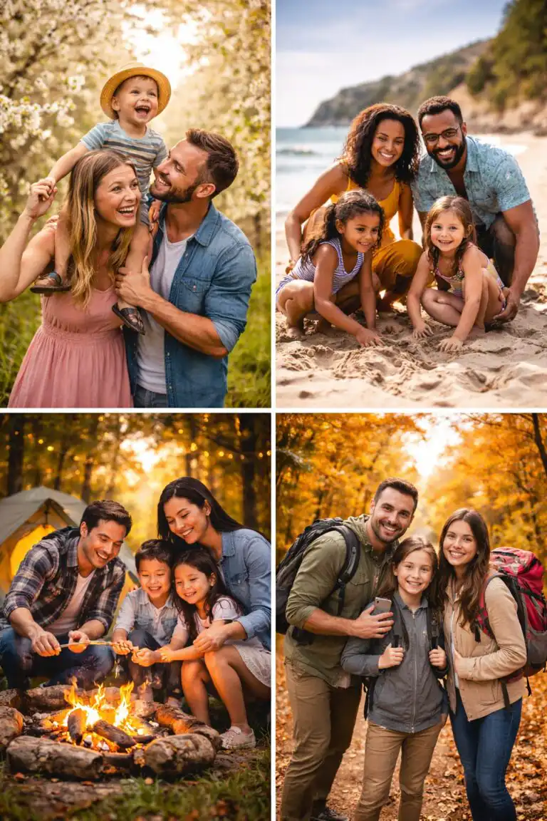 Dve deti sa hrajú na lúke, rodičia sledujú z diaľky, prirodzené svetlo zvýrazňuje smiech a pohyb