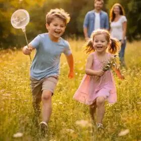 Dve deti sa hrajú na lúke, rodičia sledujú z diaľky, prirodzené svetlo zvýrazňuje smiech a pohyb