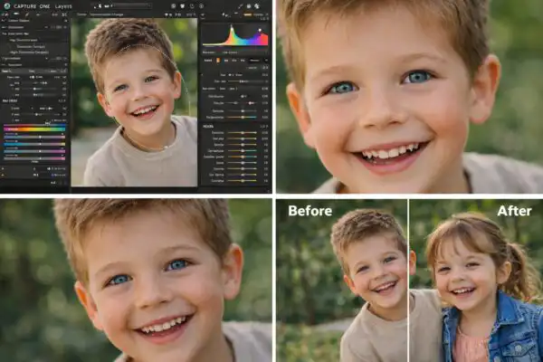 Screenshot Capture One ukazujúci úpravu detského portrétu, farebné korekcie a retuš